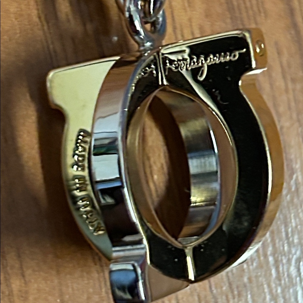 Authentic Salvatore Ferragamo Gold and Silver Tone Logo Keychain - Picture 4 of 9
